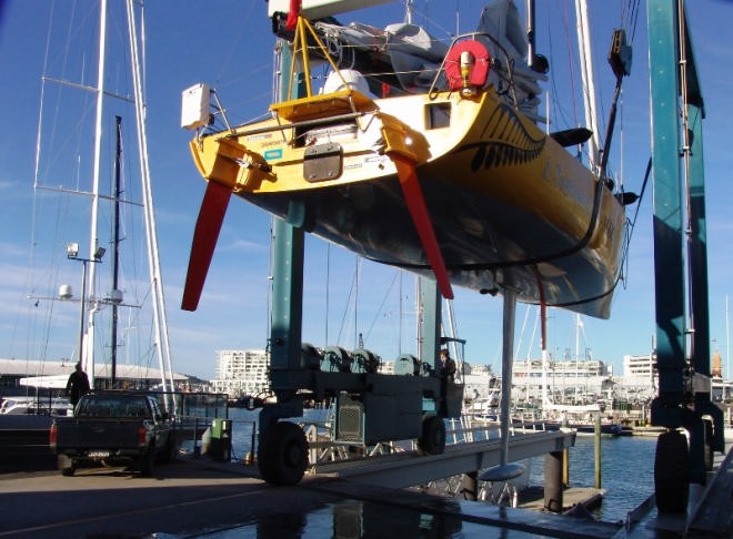 Like most boats of its type, Graham Dalton’s multi-foiled canting keel Open 50 has plenty of opportunity for an underwater strike with four foils on offer.  © Richard Gladwell www.photosport.co.nz