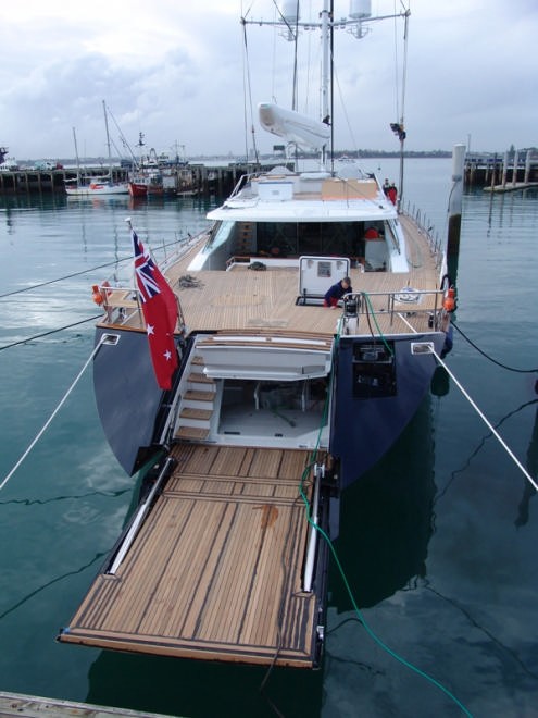 A hydraulically operated transom door gives access to a lazarette and creates a swimming and boarding platform. Anyone for tennis? © Richard Gladwell www.photosport.co.nz
