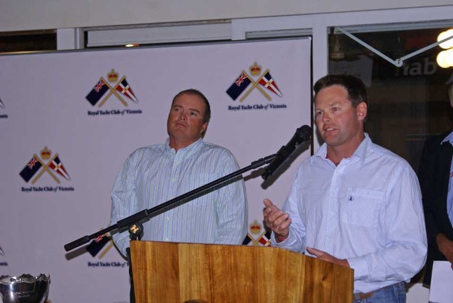 New World Champions, Grant Alderson (right) and Dean Mcaullay respond at the 17th Flying Fifteen Wor4ld Championships presentation © Richard Gladwell www.photosport.co.nz