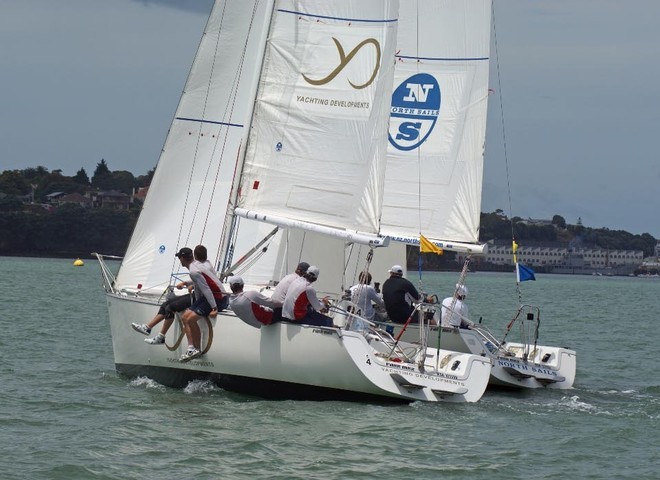 Rod Davis (North Sails) to leeward of Phil Robertson on Day 1 of the 2008 New Zealand Match Racing Championships © Richard Gladwell www.photosport.co.nz