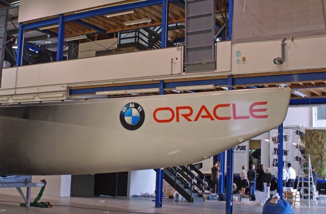 BMW Oracle Racing in shed in Auckland prior to repainting the supplied boats will be able to be identified by the bow logos © Richard Gladwell www.photosport.co.nz
