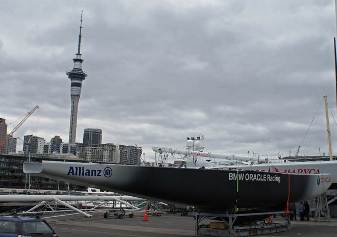 BMW Oracle Racing in Auckland with the Sky City’s Skytower in the background. Sky City will be the home for all the crews during their stay in Auckland. © Richard Gladwell www.photosport.co.nz