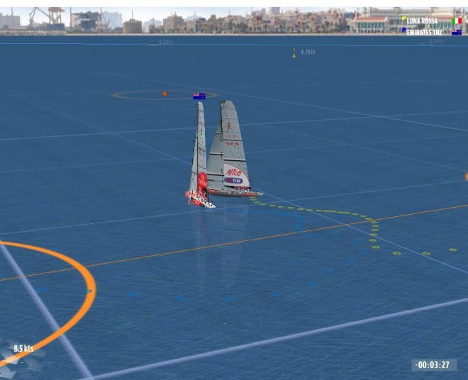 The first dial-up. NZL-92 begins to turn and then flattens, incurring the penalty, before turning again to avoid Luna Rossa. The fishtailing can be seen at the end of the pre-start attack. © AmericasCupAnywhere.com www.americascupanywhere.com