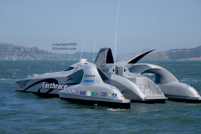 Earthrace during her San Francisco stopover, prior to the start of the record attempt © Erik Simonson/ h2oshots.com