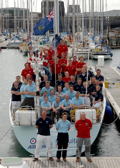 Exercise TRANGLOBE Rolex Sydney Hobart Crews with skippers in foreground L-R Richard Tarr – Skipper of Adventurer of Hornet Navy, Becky Walford – Skipper, Discoverer of Hornet Air Force, and Darren ‘Windy’ Gale – Skipper Challenger of Hornet Army. image - Exercise TRANSGLOBE  © SW