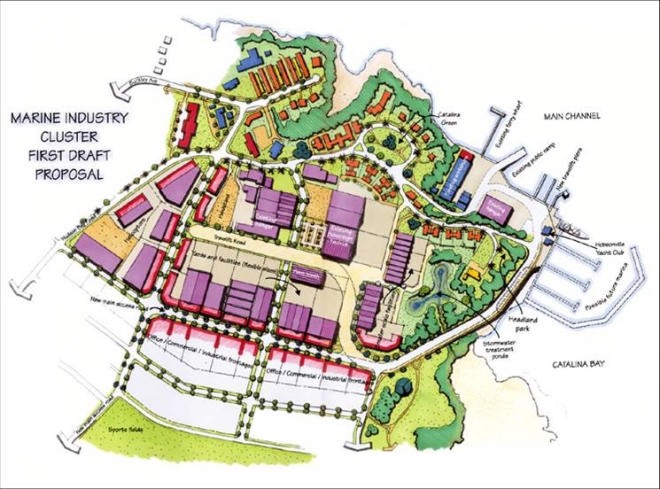 Detailed draft plan for the superyacht facilities at Hobsonville, which is bordered on two sides by the sea including a deep water channel. © Star PR www.starpublicrelations.co.nz