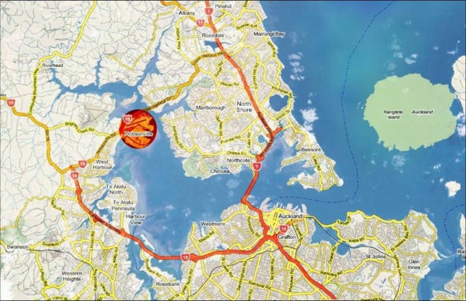 Hobsonville, the Superyacht Capital of the World is indicated in the orange circle, the servicing and refit facilities are located to the right (east) of the Harbour Bridge. © Star PR www.starpublicrelations.co.nz