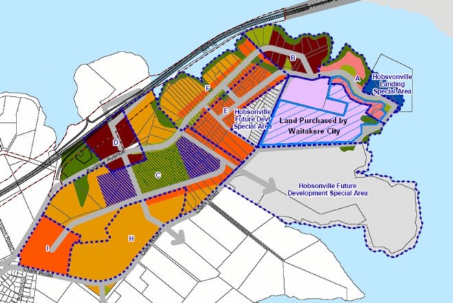 Hobsonville, the new land acquired by Waitakare City is in light purple on the right, existing and new suburbs and schools on the left. © Star PR www.starpublicrelations.co.nz