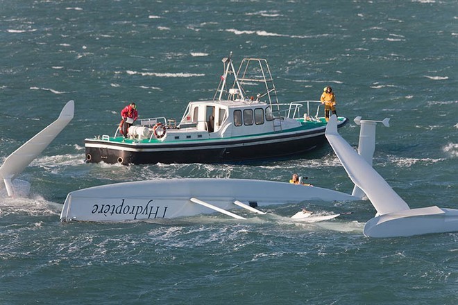 l’Hydroptere under tow after capsizing on 20 December 2008 © Gilles Martin-Raget / Hydroptere