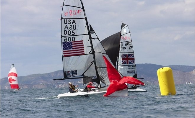Skud 18 sailors Scott Whitman/Julia Dorsett (USA) and Alexandra Rickham/Niki Birrell (GBR) IFDS World Championship , Greece 2009 © IFDS . http://www.2009worldblindsailingnz.com