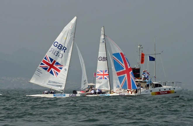 British Star and Tornad finish together on Day 10 of the 2008 Olympic Regatta  © Richard Gladwell www.photosport.co.nz