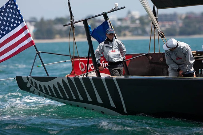 Keeping a wary eye to leeward as the backstay is adjusted  © BMW Oracle Racing Photo Gilles Martin-Raget http://www.bmworacleracing.com