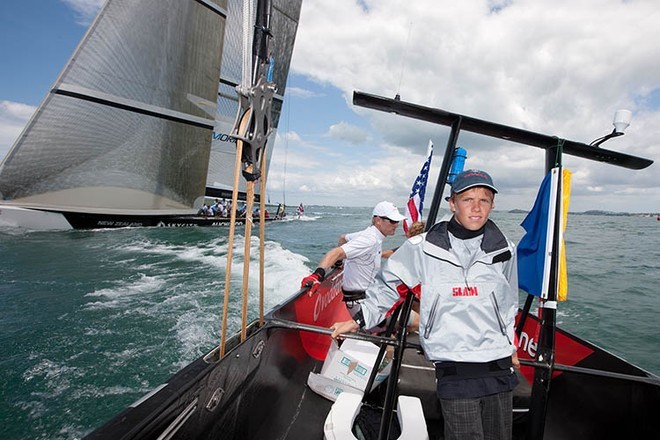 Oscar hangs on tight as the G-forces hit in the back end during a turn in BMW Oracle Racing. © BMW Oracle Racing Photo Gilles Martin-Raget http://www.bmworacleracing.com