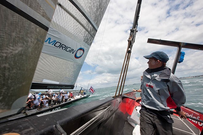 Oscar checks out Team Origin with triple Olympic Gold medallist, Ben Ainslie driving and another two 2008 Olympic Gold medallists in the afterguard   © BMW Oracle Racing Photo Gilles Martin-Raget http://www.bmworacleracing.com