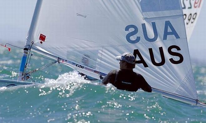 Tom Slingsby (AUS) hikes for his life in the big breezes - 2008 Sail Melbourne © Jeff Crow/ Sport the Library http://www.sportlibrary.com.au