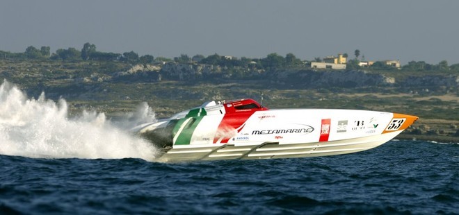 Metamarine Pignolo 53 racing in the Powerpole of the Powerboat P1 World Championships in Syracuse, Sicily.<br />
Copyright onEdition 2009©<br />
 © Powerboat P1 World Championship http://www.powerboatp1.com