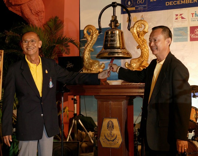 Rear Admiral Kayim Pichaikul, Vice President of the Yacht Racing Association of Thailand and Governor of Phuket  Niran Kanlayanamitr ring the bell and declare the 20th Phuket King’s Cup officially open. © Guy Nowell http://www.guynowell.com