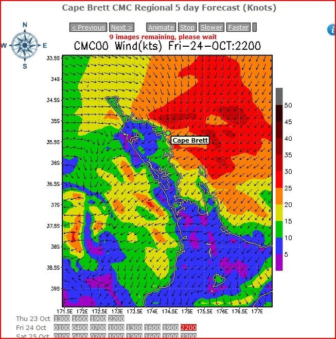Coastal Northland at 2200hrs on Friday night produced from the CMC feed showing 25-30kt northerly winds off Cape Brett © PredictWind.com www.predictwind.com