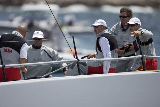 The drivers behind BMW ORACLE Racing in action in Marseille (FRA),  with Larry Ellison on the helm and Russell Coutts calling tactics. © BMW Oracle Racing Photo Gilles Martin-Raget http://www.bmworacleracing.com