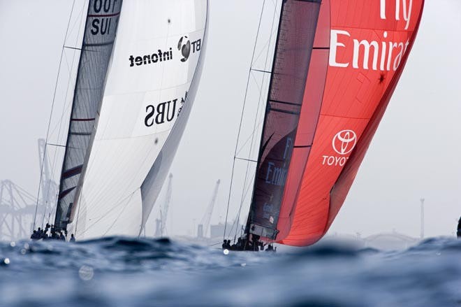 By the end of Leg 3, Alinghi SUI100 (White spinnaker) leads NZL92 on last downwind leg Race 3, America’s Cup.<br />
<br />
<br />
<br />
 © Thierry Martinez/Alinghi - Copyright