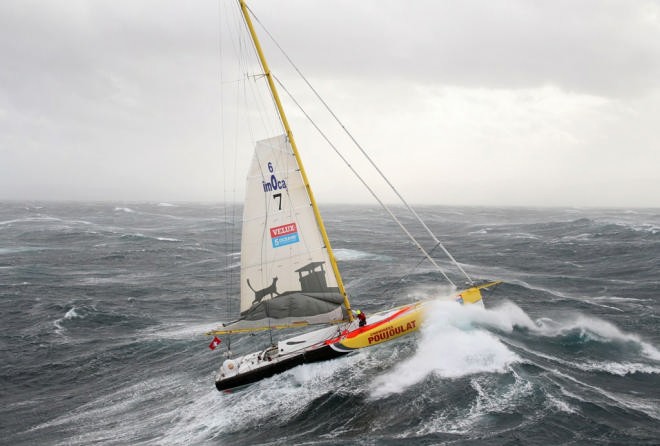Bernard Stamm struggles in the storm on the first day of the Velux 5 Oceans Race © onEdition http://www.onEdition.com