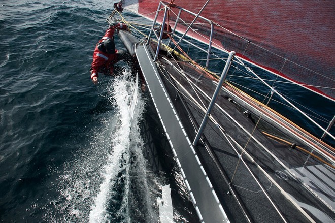 Casey Smith on the bow, onboard PUMA Ocean Racing, on leg 5 of the Volvo Ocean Race, from Qingdao to Rio de Janeiro © Rick Deppe/PUMA Ocean Racing/Volvo Ocean Race http://www.volvooceanrace.org