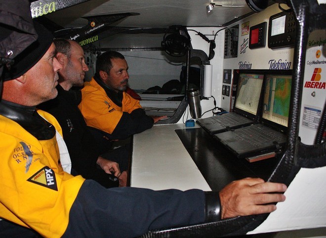 Very tense moments at the Telefonica Blue navigation station as Bouwe Bekking, Tom Addis and Jordi Calafat looking at the weather and images from the same routing software used by Sail-World on leg 6 of the Volvo Ocean Race, from Rio de Janeiro to Boston © Gabriele Olivo/Telefonica Blue/Volvo Ocean Race http://www.volvooceanrace.org