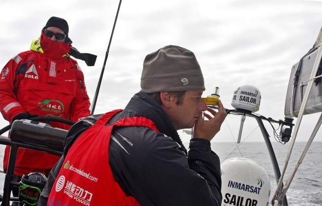 Navigator Ian Moore takes a bearing, onboard Green Dragon, on leg 7 from Boston to Galway © Guo Chuan/Green Dragon Racing/Volvo Ocean Race http://www.volvooceanrace.org