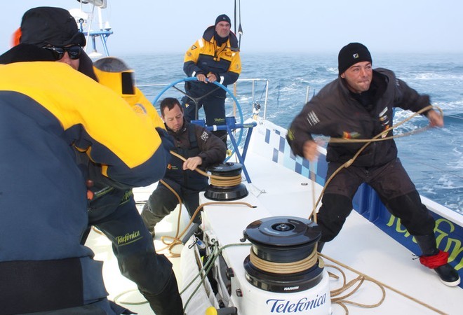 Lots of tacking involved to stay out of the iceberg zone, Laurent Pages at the sheet, Iker Martinez at the new runner, Bouwe Bekking at the helm while Daryl Wyslang and Xabi Fernandez are grinding, onboard Telefonica Blue, on leg 7 from Boston to Galway<br />
 © Gabriele Olivo/Telefonica Blue/Volvo Ocean Race http://www.volvooceanrace.org
