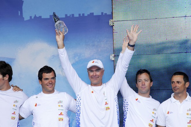 Volvo Ocean Race overall public prize giving in St Petersburg.<br />
Telefonica Blue, skippered by Bouwe Bekking (NED) are presented with the third place trophy for the Volvo Ocean Race 2008-09<br />
 © Rick Tomlinson/Volvo Ocean Race http://www.volvooceanrace.com