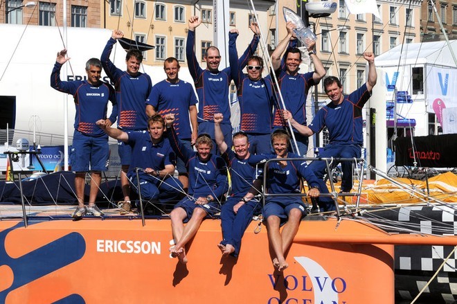 Winners of the Volvo Ocean Race 2008-09, Ericsson 4, skippered by Torben Grael (BRA) are presented the Fighting Finish trophy <br />
 © Rick Tomlinson/Volvo Ocean Race http://www.volvooceanrace.com