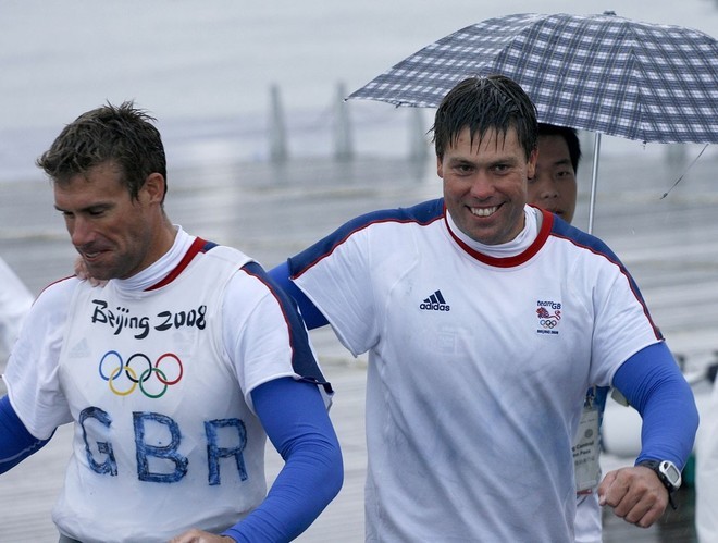 Qingdao Olympic Regatta 2008. Percy and Simpson (GBR) come ashore after claiming gold in the medal race. © Guy Nowell http://www.guynowell.com