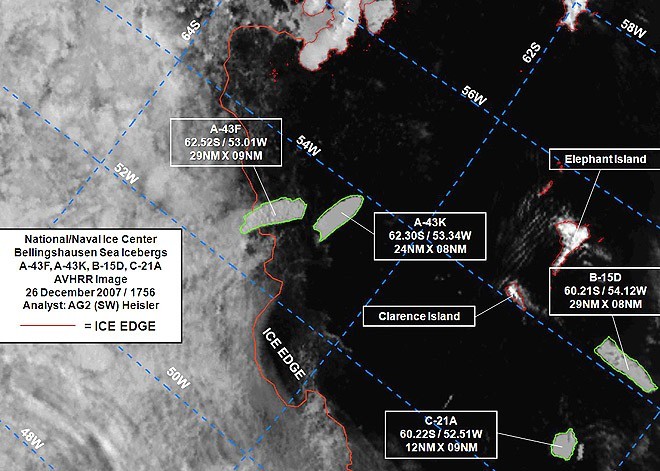 Satellite picture dated 27.12.07 showing position of icebergs in the Screaming Sixty latudes © PPL Photo Agency - copyright http://www.pplmedia.com
