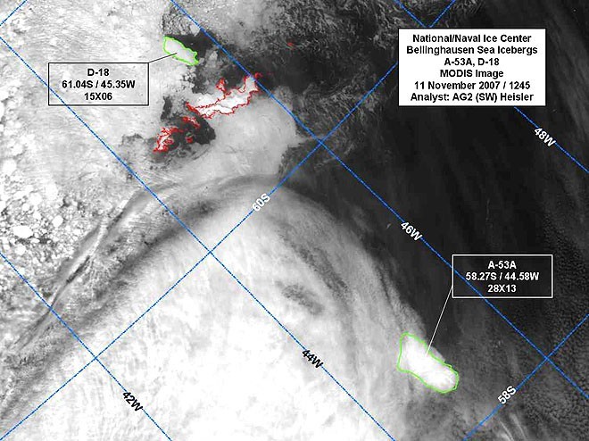 Satellite picture dated 27.12.07 showing position of icebergs in the Furious Fifty and Screaming Sixty latitudes © PPL Photo Agency - copyright http://www.pplmedia.com