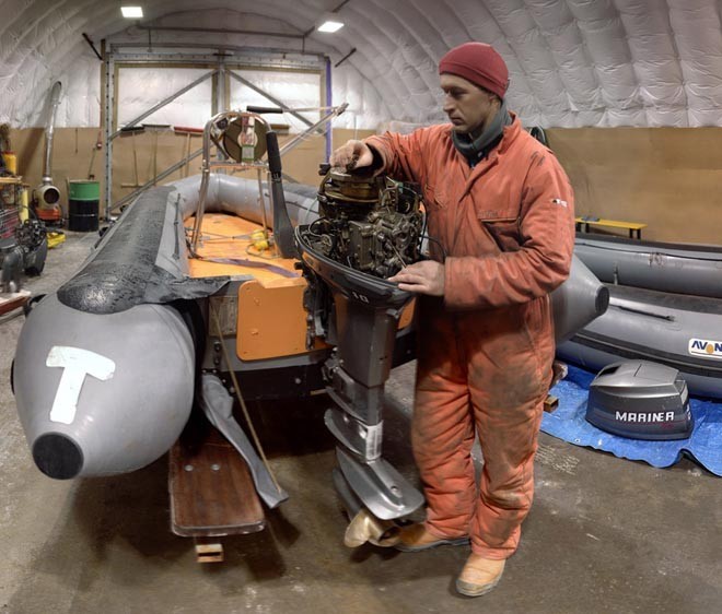 Jim Elliott working in the boatshed at Rothera  © British Antarctic Survey http://www.antarctica.ac.uk