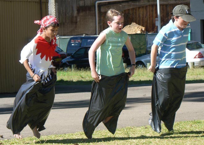 Sack race - practising in case you every have to do with one leg © Christine Bates