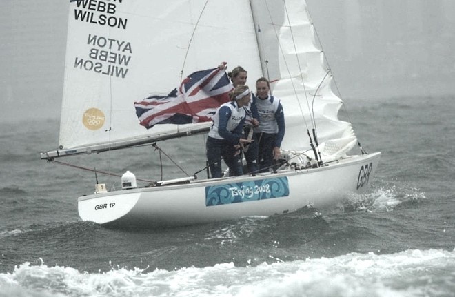 ’The British Yngling crew celebrate after winning Gold in Yngling Class - Qingdao Olympic Regatta 2008 © Guy Nowell http://www.guynowell.com
