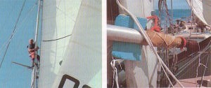 On board Ceramco. Chappie is up the mast again. On the right a spinnaker pole is rigged. photo copyright Ceramco NZ taken at  and featuring the  class