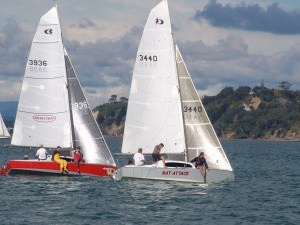 Woodstock, Graeme Robbins (left) is tightly covered heading for the finish of the final race of the Pied Piper Nationals photo copyright Richard Gladwell www.photosport.co.nz taken at  and featuring the  class