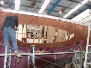 Close up view of Gypsy Moths&rsquo;s hull and interior, showing temporary framing to support the external skinning. photo copyright Richard Gladwell www.photosport.co.nz taken at  and featuring the  class