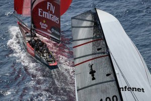 32nd America’s Cup -  Day 2 Emirates Team New Zealand leads the Cup holder Alinghi photo copyright Gilles Martin-Raget http://www.martin-raget.com/ taken at  and featuring the  class