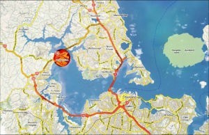 Hobsonville, the Superyacht Capital of the World is indicated in the orange circle, the servicing and refit facilities are located to the right (east) of the Harbour Bridge. photo copyright Star PR www.starpublicrelations.co.nz taken at  and featuring the  class