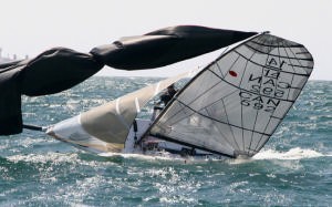 Canada&rsquo;s Bruce Edwards and crew John Vincze placed 6th in the last race and 11th in the regatta despite this mishap Saturday 

 photo copyright Rich Roberts http://www.UnderTheSunPhotos.com taken at  and featuring the  class