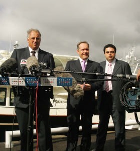 Iain Murray AM, Azzura Marine, Premier Morris Iemma,NSW Mininster for Ports and Waterways Joe Tripodi (r) photo copyright . Azzura Marine Media www.azzurayachts.com taken at  and featuring the  class