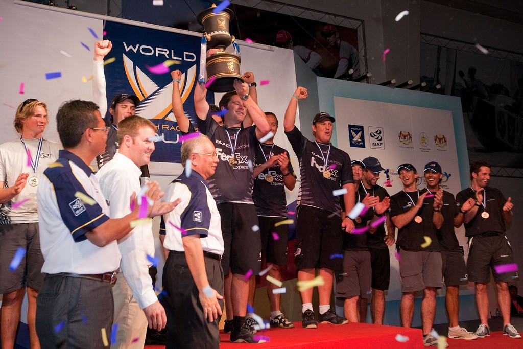 Adam Minoprio and the Black Match crew lift the World Match Race Tour trophy. Monsoon Cup 2009. Kuala Terengganu, Malaysia. 6 December 2009. Photo: Gareth Cooke/Subzero Images photo copyright Gareth Cooke Subzero Images/Monsoon Cup http://www.monsooncup.com.my taken at  and featuring the  class