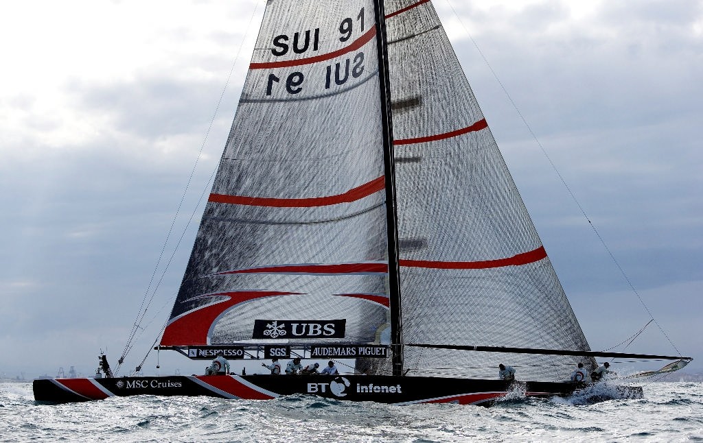 Alinghi shows her fully immersed hull shape as she prepares to round the windward mark on Day 5 of LV Act 13 © Thierry Martinez/Alinghi - Copyright