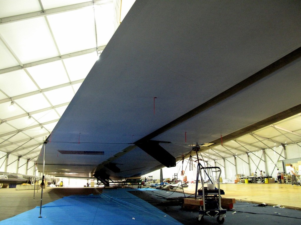 Oracle wing under maintenance - standing 70 metres high it is the longest wing ever build for a plane or yacht © Jean Philippe Jobé