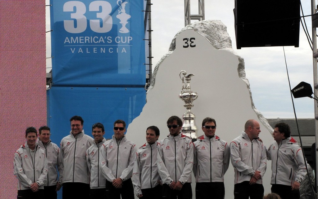 The Alinghi team members in front of the AC cup © Jean Philippe Jobé