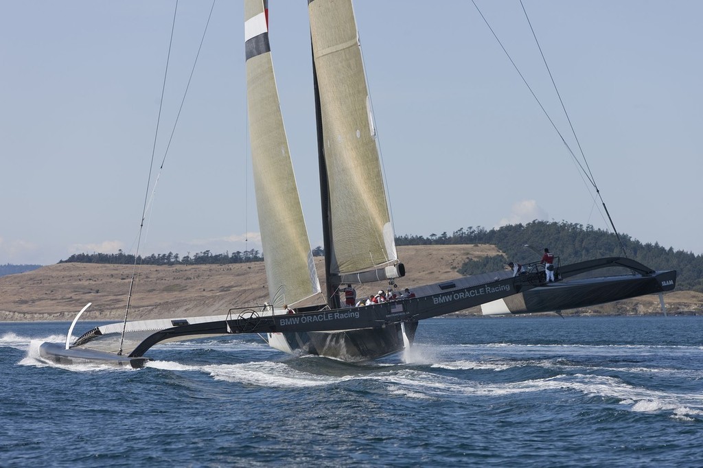 BMW Oracle Racing flies a main hull on Day 3, Anacortes © BMW Oracle Racing Photo Gilles Martin-Raget http://www.bmworacleracing.com