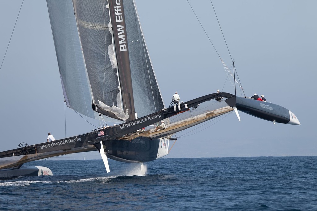 BMW ORACLE Racing’s 90 ft trimaran looks very solid compared to the Swiss catamaran © BMW Oracle Racing Photo Gilles Martin-Raget http://www.bmworacleracing.com